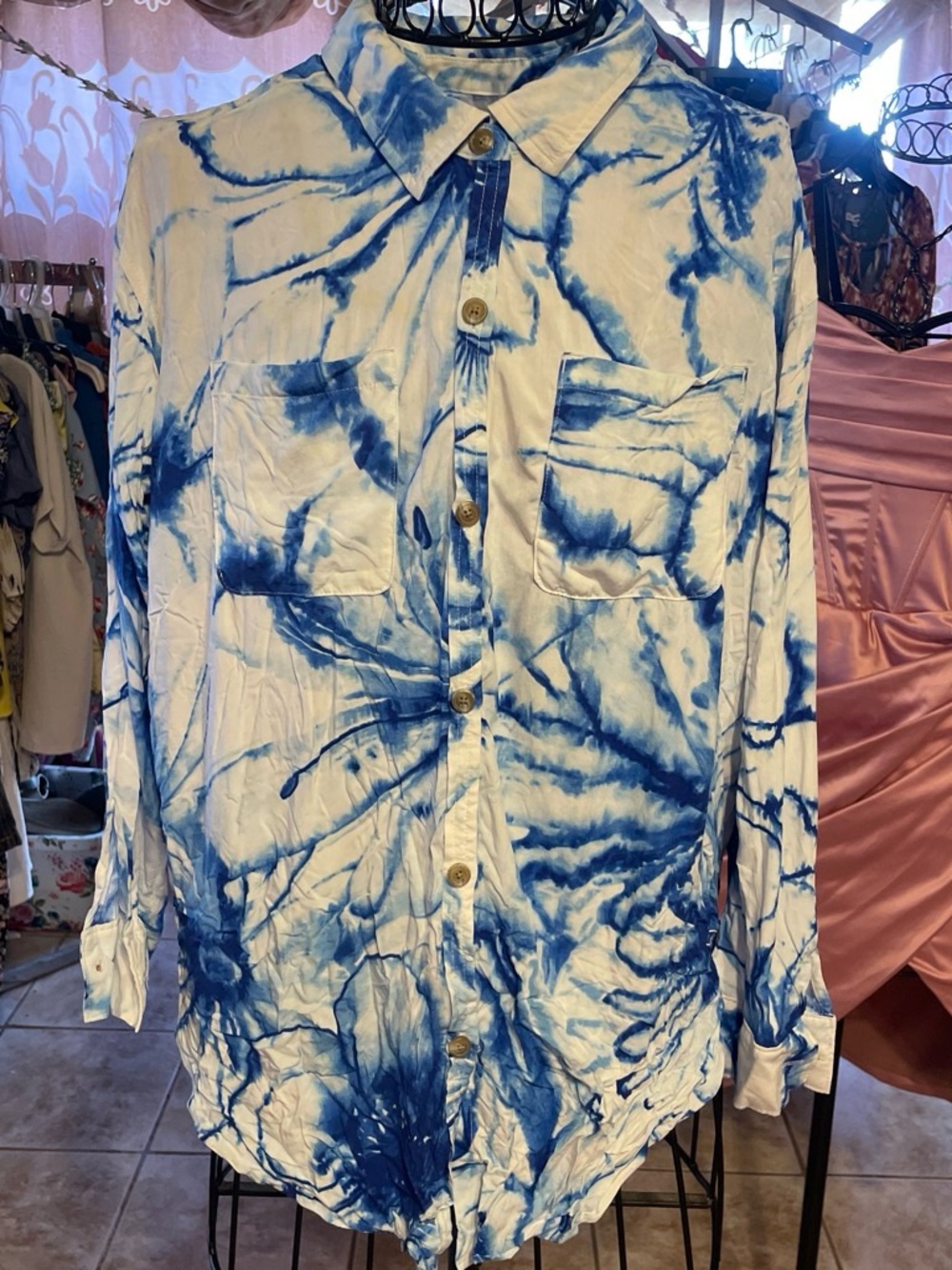 Tie-Dye Button-Up Shirt - Blue & White - Picture 1 of 1